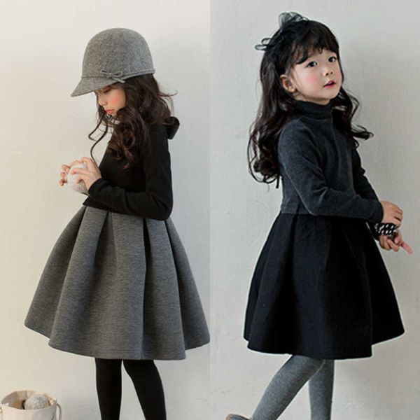 

girl's dresses new girls winter high neck dress cotton elegant teenager children kids long sleeve autumn winter pleated princess dress, Red;yellow