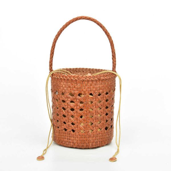 

beach bags leather woven vegetable basket head layer cowhide hollowed-out bucket bag net red cylinder bag 230223