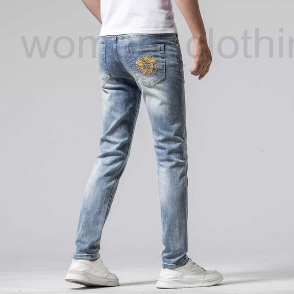 

men's jeans designer summer light jeans men's slim fit small feet elastic whitening hong kong trend embroidery c5ky, Blue