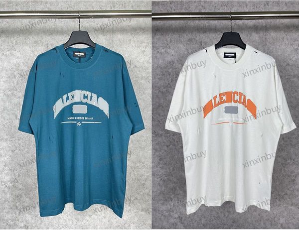 

xinxinbuy men designer tee t shirt 23ss paris destroyed letter print short sleeve cotton women white black khaki blue xs-l, Black;brown