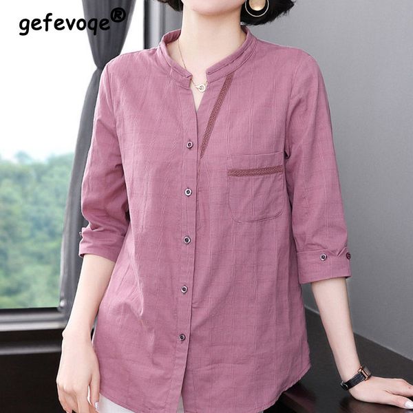 

women's blouses shirts summer cotton linen fashion casual vintage plaid 3/4 sleeve oversized comfortable simple shirt blouse female loo, White