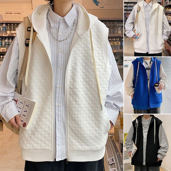 

men's vests fall hooded cardigan hoodie sleeveless hong kong style jacket student vest 230223, Black;white