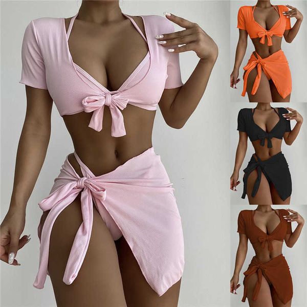 

women's swimwear women 4 pcs bikini set tieup padded solid black orange halter bra crop sarong thong swimsuits for lady z0223, White;black