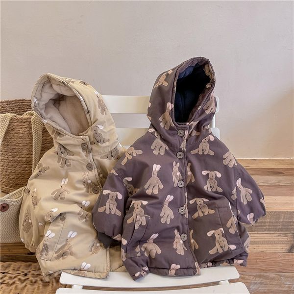 

hoodies sweatshirts autumn winter child plus fleece thicken hooded cartoon rabbit print cotton coats girl boy baby long sleece jacket 230222, Black