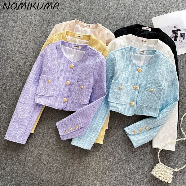 

womens jackets nomikuma spring short women coat fashion tweed long sleeve oneck jacket causal single breasted korean outwear 230223, Black;brown