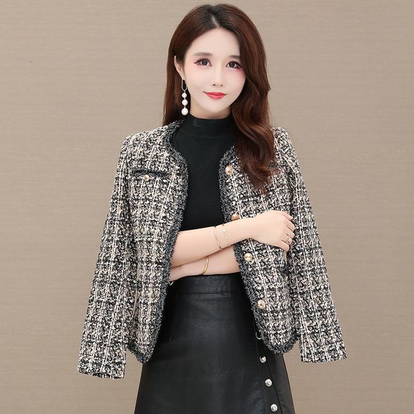 

womens jackets vintage tweed plaid jacket women plus size 4xl elegant slim oneck single breasted short coat spring fashion chic woolen outwe, Black;brown