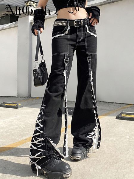 

women's jeans altgoth emo alternative women dark gothic streetwear harajuku y2k punk lace patchwork high waist ribbon chain denim pants, Blue