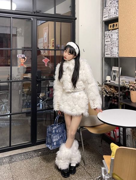 

women s two piece pants girl plush pieces set long sleeve jackets and shorts temperament office cute hip pack skirt girls winter white 23022