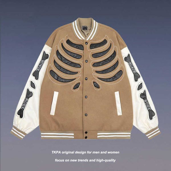 

tkpa street hip hop patchwork leather embroidered flight jacket coat men's oversize loose baseball uniform t230223, Black;brown