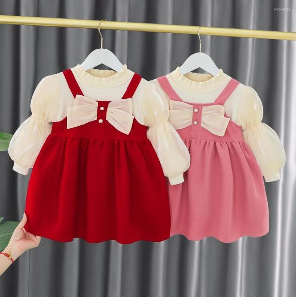 

girl dresses girls sweet winter autumn kids princess bow dress vestidos long sleeve baby infants velvet t-shirt 2pcs outfits adk1985, Red;yellow