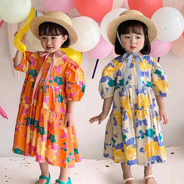 

girl's dresses girls dress kids clothes princess flower print child dresses short sleeve sundress cotton 2022 summer clothing casual a-, Red;yellow