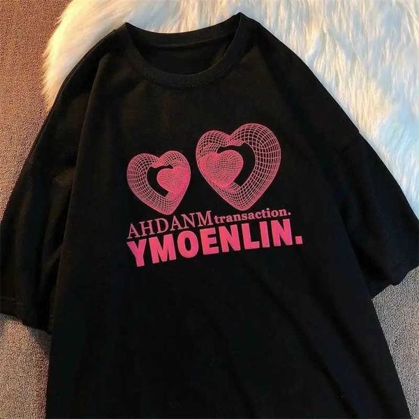 

women's t-shirt summer new salt series two heart-shaped printing short-sleeved t-shirt women loose y2k harajuku ins casual clothes l230, White