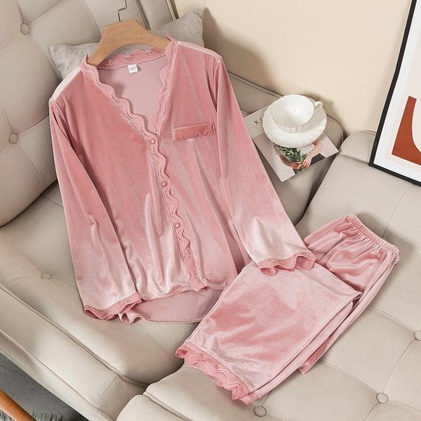 

women's sleepwear women velvet pajamas autumn winter sleepwear long sleeve casual nightwear pyjamas suit loose home clothes lace trim s, Black;red