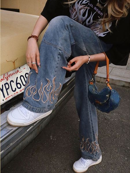 

women's jeans retro flame embroidery printing y2k street big pocket women hip hop loose wide leg trousers casual mopping pants 230223, Blue