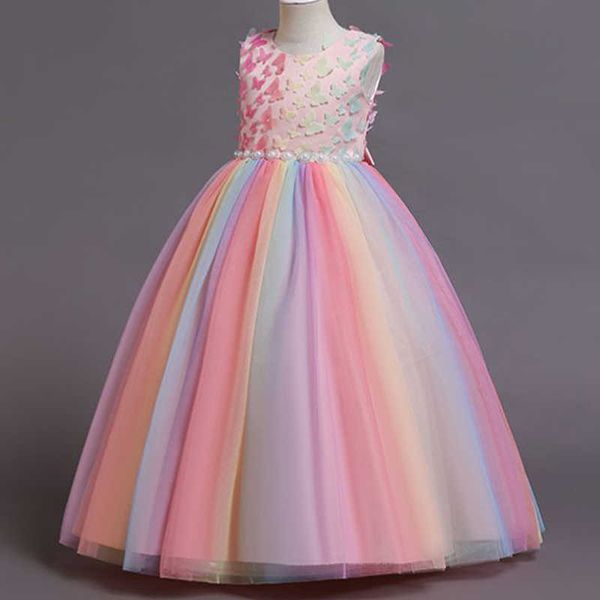 

girl's dresses girls elegant rainbow long tulle lace princess dresses teenager buttefly appliques party dress children's chain bel, Red;yellow