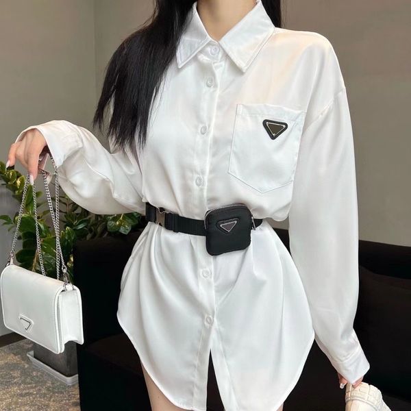 

designer luxury quality triangle label women's blouses & shirts with fanny pack fashion advanced fabric texture lapel long sleeve shirt, White