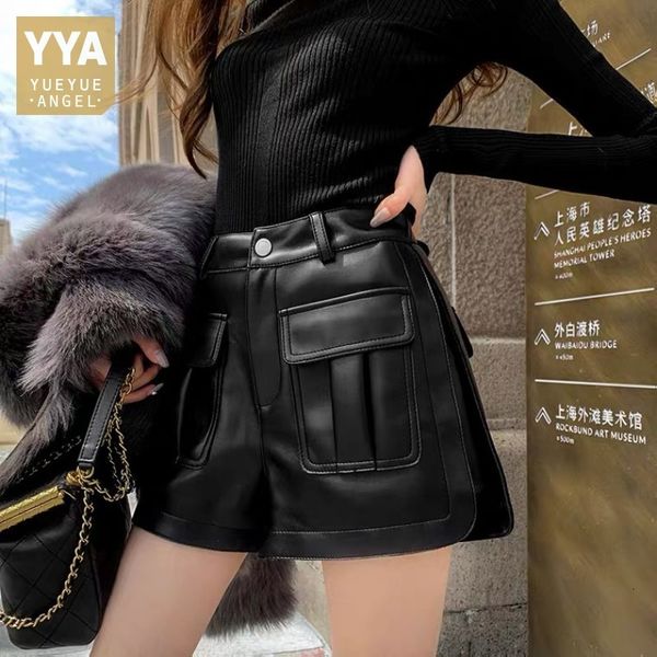 

women's shorts fashion women high waist wide leg sheepskin genuine leather pockets loose fit cargo boot cut trousers streetwear 230222, White;black