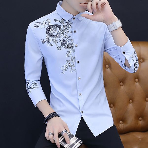 

men's casual shirts spring and autumn men's long sleeve shirt fashion casual rose pattern print shirt men's business social b, White;black