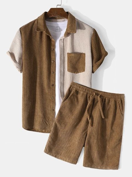 

men's tracksuits suits spring smmer loose casual shirts and pants waffle corduroy holiday patchwork two pieces for men hawaiian 230222, Gray