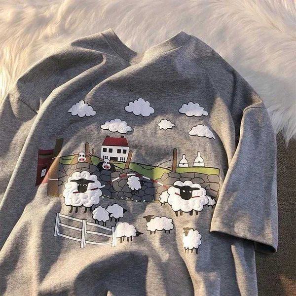 

women's t-shirt 100% cotton japan cartoon cloud sheep anime t shirts kawaii for teenages vintage navy gray o-neck oversized tees haraj, White