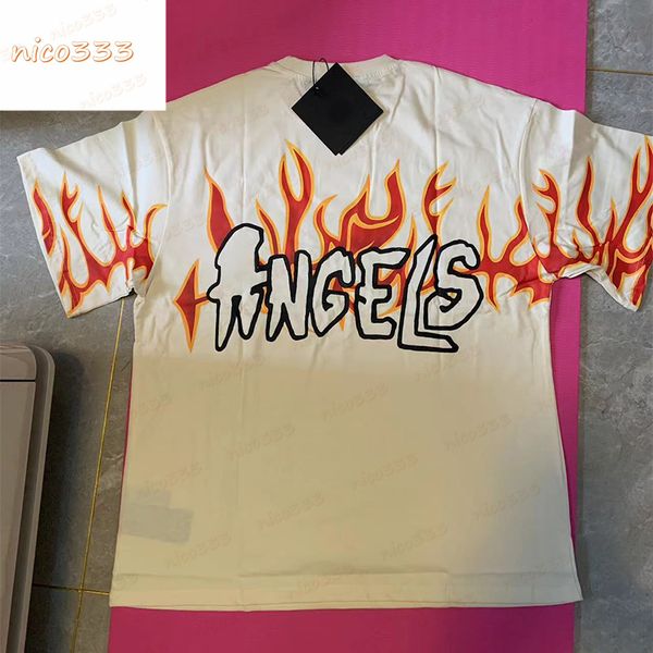 

t-shirts 23ss new t shirt flame print pattern apricot cotton loose personality street versatile men women casual, White;black