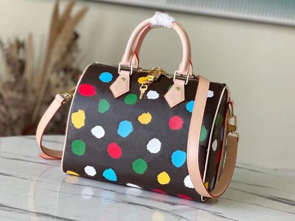 

realfine bags 5a m46433 x yk speedy bandouliere 25 momogran canvas 3d painted dots print shoulder handbags purses for women with dust bag