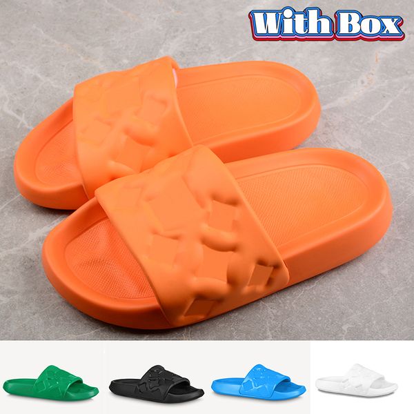 

with box designer rubber slide slippers waterfront embossed mule slides men women shoes fashion summer white blue orange black sea beach pla