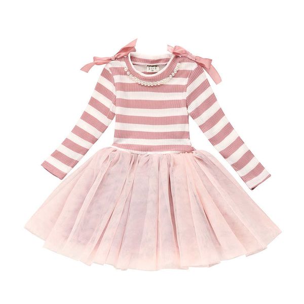 

girl's dresses kids striped knitted mesh dress for girl long sleeves spring pearl tutu birthday bowknot clothing autumn winter costume, Red;yellow