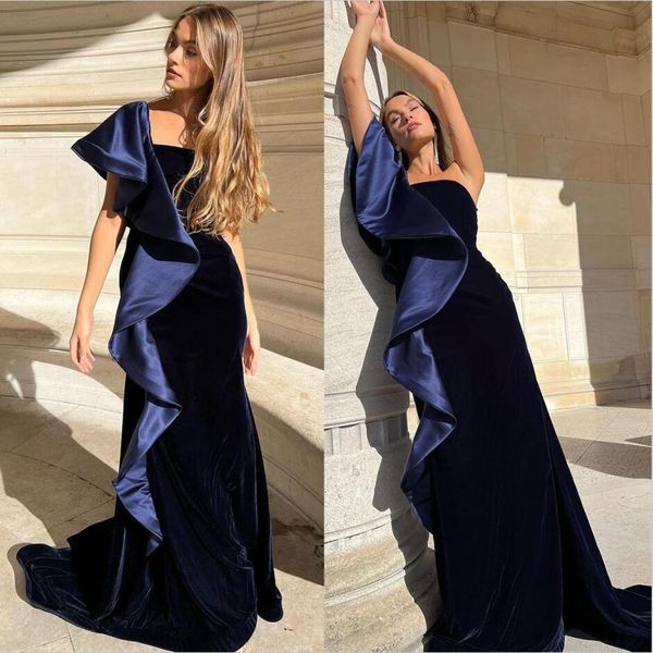 

velvet navy blue evening dress ruffles one shoulder mermaid prom dresses special occasion robe gowns, Black;red