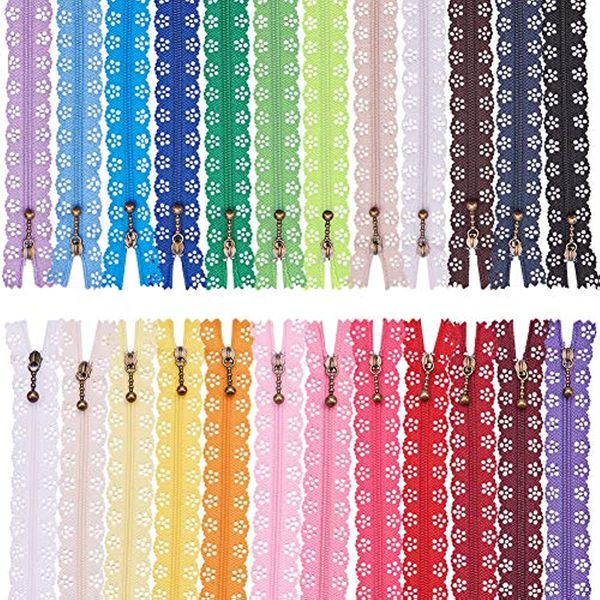 

48pieces 16-inch (40cm) diy nylon coil flower zipper lace zipper suitable for diy sewing custom craft bed bag, 24 colors, Black