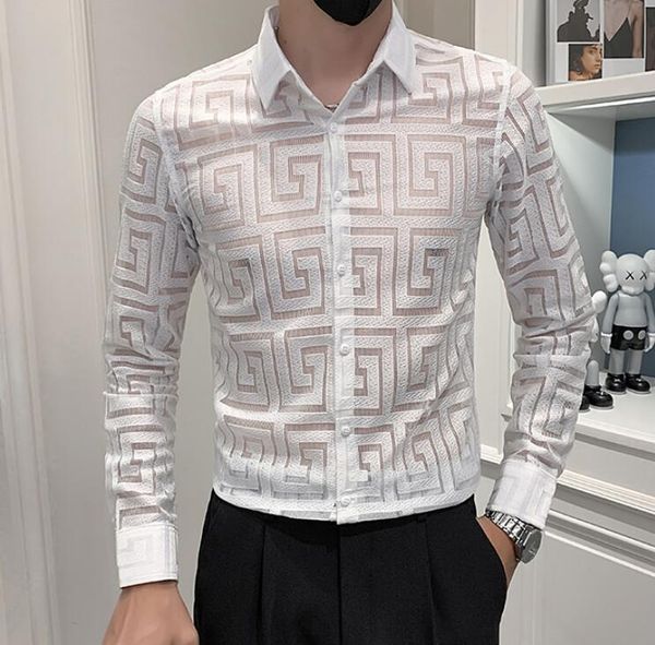 

2023 new transparent lace shirt men stretch hollow shirt clothing simple all match slim fit long sleeve club/prom geometric pattern polos, White;black