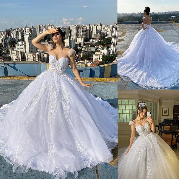 

glamorous ball gown wedding dresses sweetheart short sleeves leaves applicants tulle backless court gown tulle custom made bridal gown vesti, White