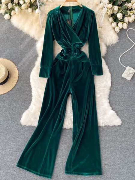 

women's jumpsuits rompers autumn winter elegant casual solid velvet women jumpsuit long sleeve v neck vintage loose rompers femme fashi, Black;white