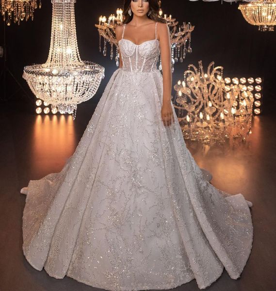 

luxury ball gown wedding dresses sleeveless v neck spaghetti straps sequins appliques beaded diamonds ruffles bridal gowns plus size custom, White