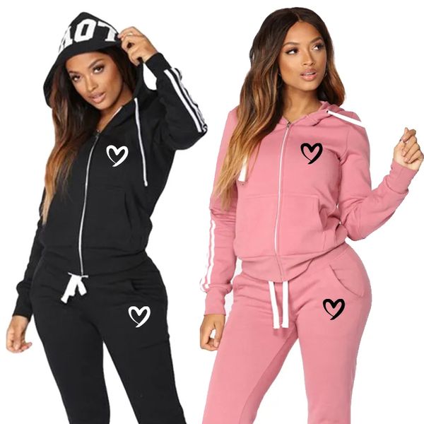 

women's hoodies sweatshirts fashion printed zipper hoodie pants sets woman tracksuits hooded jogging sports suits highquality track s2x, Black