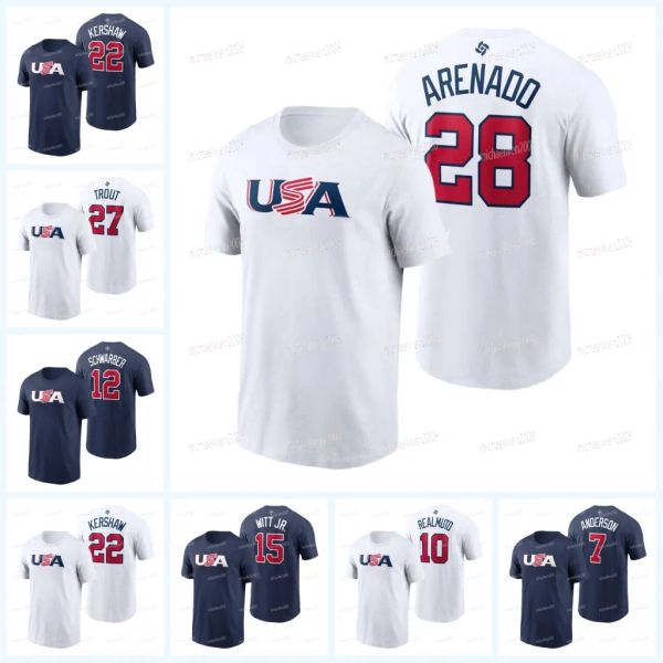

usa baseball 2023 wbc world baseball classic t-shirt 27 mike trout trea turner kyle tucker pete alonso tim anderson nolan arenado paul golds, Blue;black