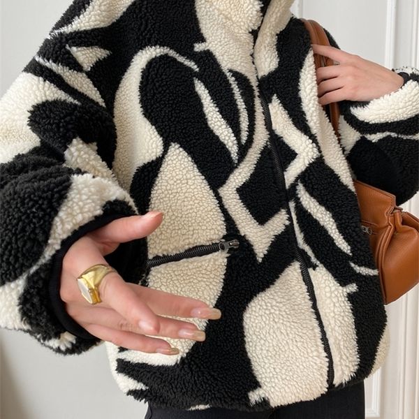 

women's jackets bornladies granular pile wool coat autumn winter stand collar irregular geometric women thick warm fleece jacket 230222, Black;brown