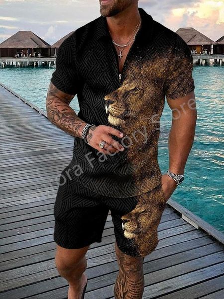

zipper mens tracksuits summer tracksuit suit polo oversized piece sets for men business casual 3d printed fashion outfits fzc9, Gray