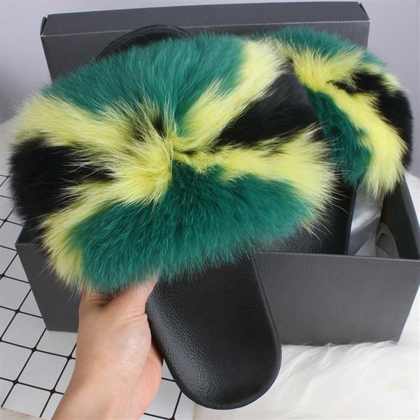 

indoor house slippers fox fur womens summer slides flip flops popular fluffy fur sandals beach woman shoes slipper2939, Black