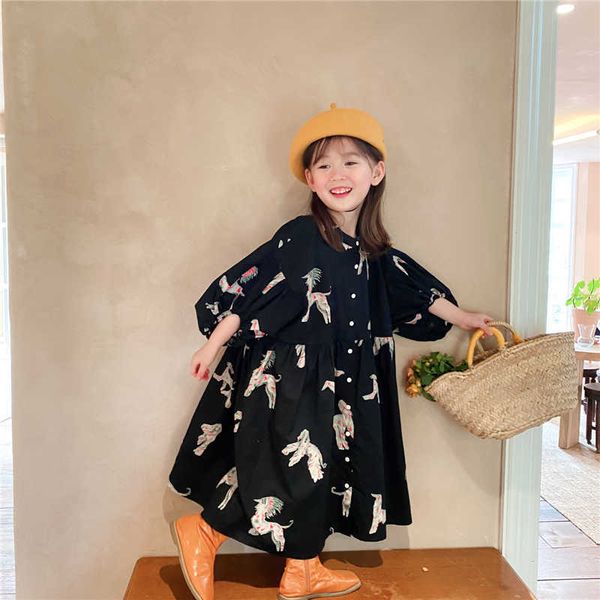 

girl's dresses spring autumn kids colorful printing oversized long dress for girls cotton loose puff sleeve dresses z0223, Red;yellow