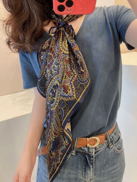 

women 100 silk paisley scarf square shawl hair wraps neckerchief for suit shirt 70cm, Blue;gray