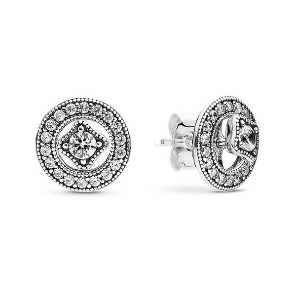 

vintage circle stud earrings real sterling silver for pandora cz diamond wedding designer jewelry for women girlfriend gift rose gold earrin, Golden;silver