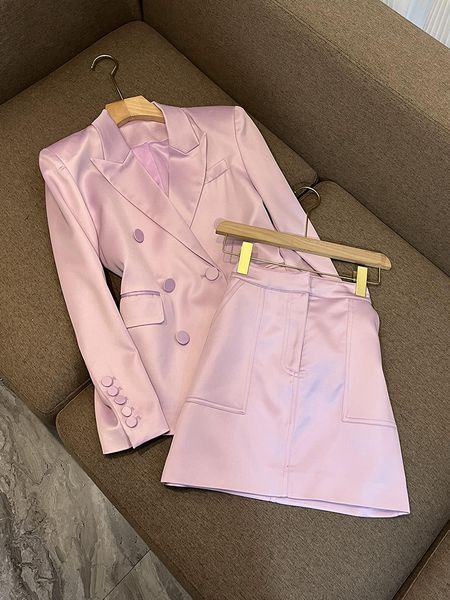 

two piece dress casual cutting satin fashion office suit doublebreasted blazer a line skirt women bright color 2pcs 230222, White