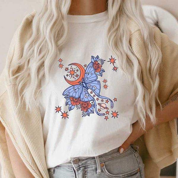 

women's t-shirt butterfly flower moon solar system graphic tee korean fashion kawaii style casual funny t-shirt tumblr cute vintage wom, White