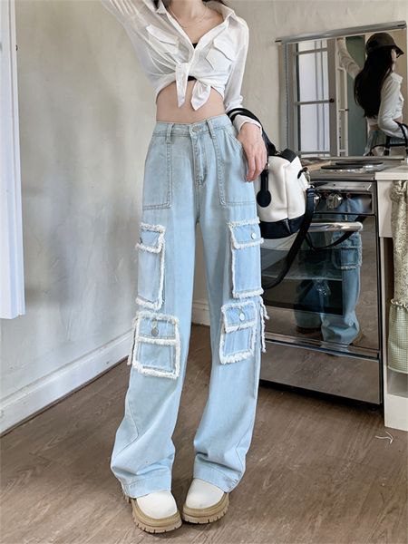 

women's jeans multiple pocket american vintage blue womens spring autumn casual fashion straight neutral black denim trousers female 23