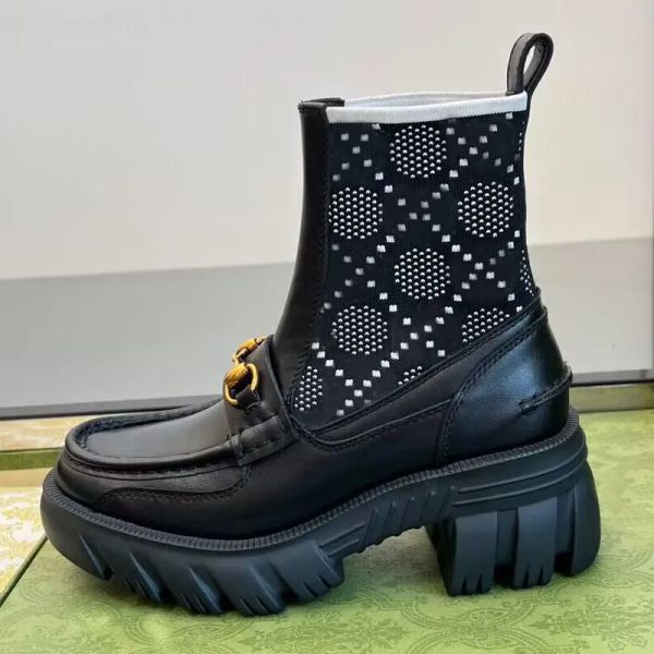 

fashion short boots cowhide letter women shoes metal buckle thick heels leather designer shoe high heeled lady boot socks elastic boots larg, Black