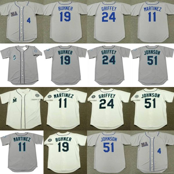 

men 11 edgar martinez 19 jay buhner 24 griffey jr. 51 randy johnson 1979 baseball jersey, Blue;black