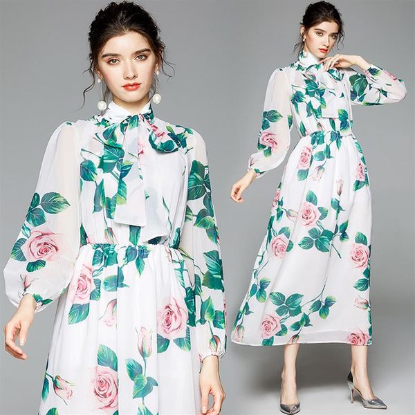 

2021 bow mock neck white maxi dress long sleeve women designer rose printed slim runway a-line ruched dresses holiday office party260j, Black;gray