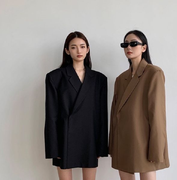 

women's suits blazers autumn and winter women's blazer jacket casual solid color double-breasted pocket decorative oversize coat 2, White;black