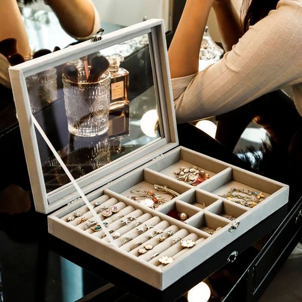 

jewelry boxes velvet gray carrying case with glass cover ring display tray holder storage organizer earrings bracelet 230223, Black;white